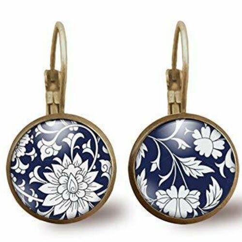 Boucles d'oreilles cabochon, fleurs illustrées boucles d'oreilles -fleurs bleues-, cadeau de noël femme - saint valentin - bronze (ref.