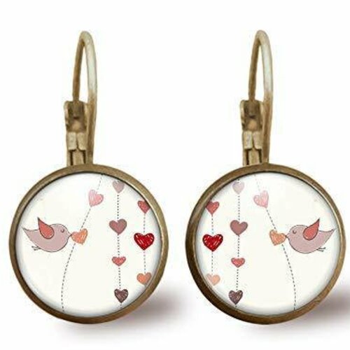 Boucles d'oreilles cabochon, boucles d'oreilles oiseaux illustrés, -l'oiseau-, cadeau de noël femme - saint valentin - bronze (ref.84) fbm