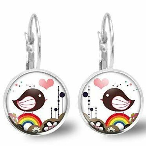Boucles d'oreilles cabochon, petites boucles d'oreilles illustrées, -pluie de coeurs-, cadeau de noël femme- saint valentin - antiquité
