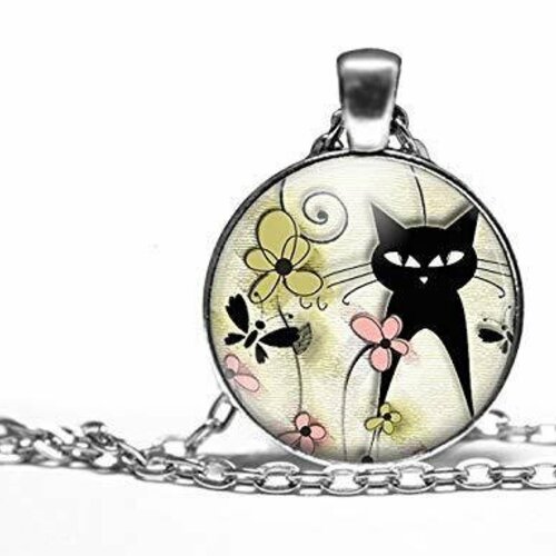 Collier cabochon, collier illustré -le chat du printemps-, cadeau de noël femme - anniversaire femme - saint valentin - argent antique (ref.