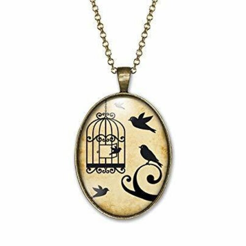 Collier cabochon, oiseau, cage -ouvrir la cage- cadeau de noël femme - anniversaire femme - saint valentin - bronze (ref.42)