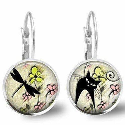 Boucles d'oreilles cabochon, boucles d'oreilles -le chat du printemps-, femme, cadeau de noël - saint valentin - argent antique (ref.