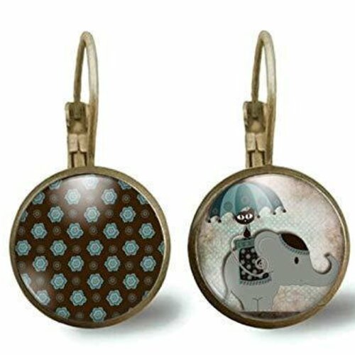 Boucles d'oreilles cabochon -le chat et l'éléphant- femme cadeau de noel - saint valentin - cadeau d'anniversaire (ref.25)