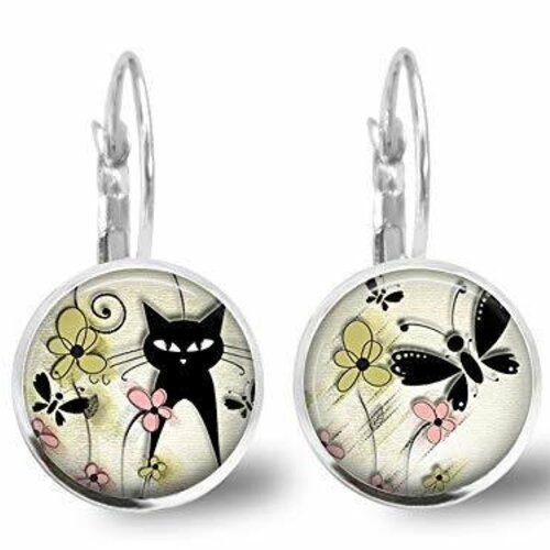 Boucles d'oreilles cabochon -le chat du printemps-, cadeau de noël femme - anniversaire femme - saint valentin - argent antique (ref.71-1a)