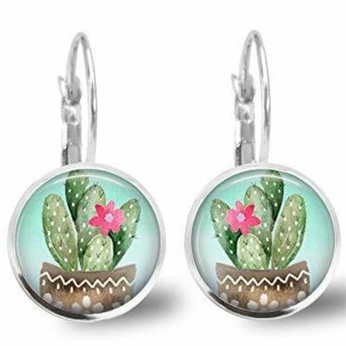 Boucles d'oreilles cabochon -le cactus-, cadeau de noël femme - anniversaire femme - saint valentin - argent antique (ref.63a)