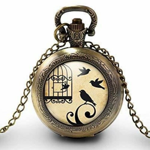 Montre à gousset, sautoir illustré,oiseau,cage -ouvre la cage-cadeau de noël femme - anniversaire femme - saint valentin - bronze (ref.42)