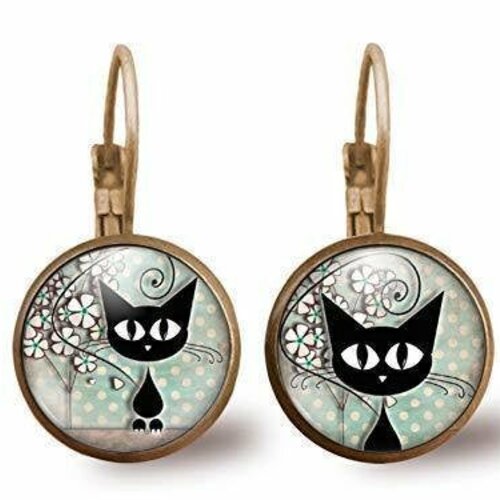 Boucles d'oreilles cabochon -le chat et les pois- femme cadeau de noel - saint valentin - cadeau d'anniversaire (ref.50)