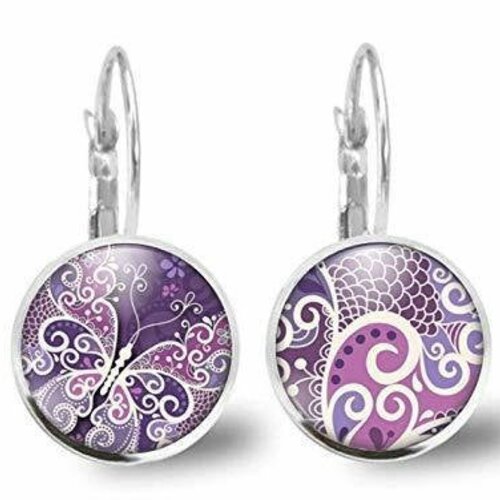 Boucles d'oreilles papillon cabochon -papillon violet- cadeau de noël femme - anniversaire femme - saint valentin -argent antique(ref.43a)