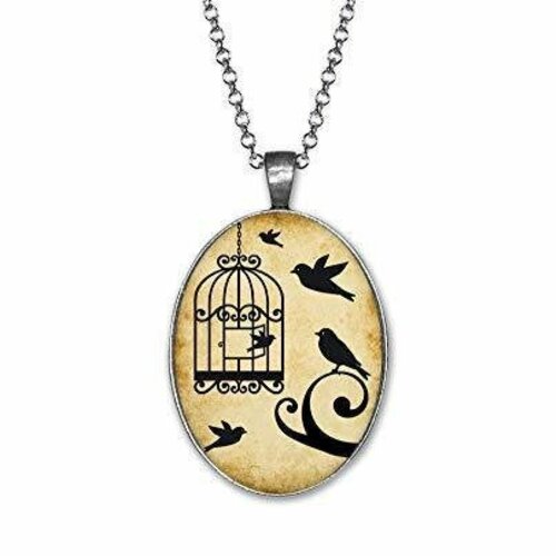 Collier cabochon, oiseau, cage -ouvre la cage- femme cadeau de noel - femme anniversaire - saint valentin - antique argent (ref.42a)
