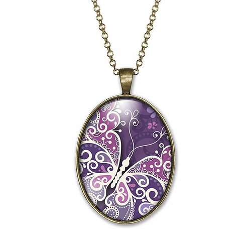 Collier cabochon papillon -papillon violet- cadeau de noël femme - anniversaire femme - saint valentin - bronze (ref.43)