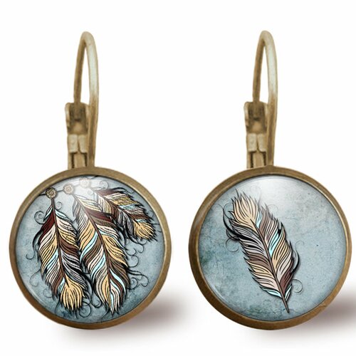 Boucles d'oreilles cabochon -l'attrape-rêves-, cadeau de noël femme - anniversaire femme - saint valentin - bronze (ref.69)