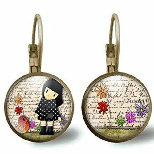 Boucles d'oreilles cabochon-la petite fille et l'oiseau-cadeau de noël femme - saint valentin - cadeau d'anniversaire - bronze (ref.34) fbm