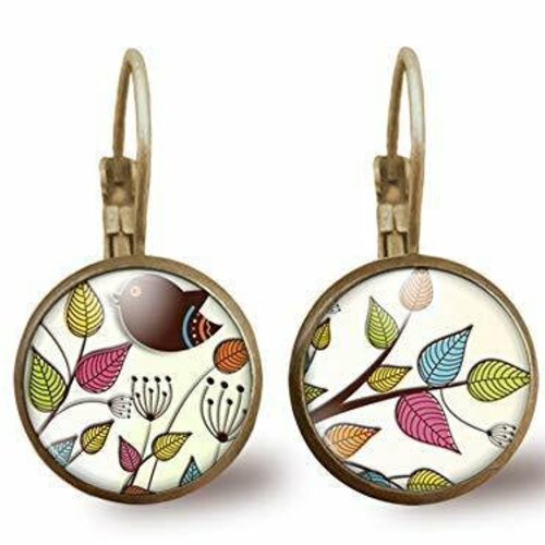 Boucles d'oreilles cabochon -oiseaux bavards-, cadeau de noël femme - anniversaire femme - saint valentin - bronze (ref.81)
