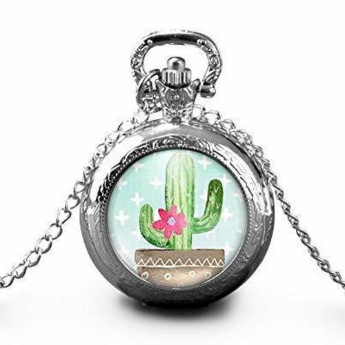Montre à gousset, sautoir illustré -le cactus-, cadeau de noël femme - anniversaire femme - saint valentin - argent (ref.63a)