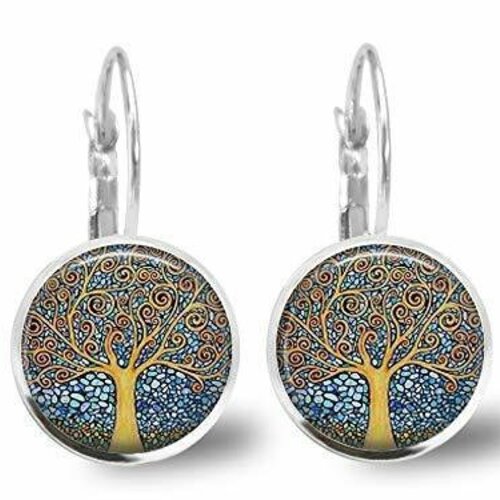 Boucles d'oreilles cabochon, boucles d'oreilles illustrées klimt -l'arbre de la vie-, cadeau de noël femme - saint valentin - argent antique