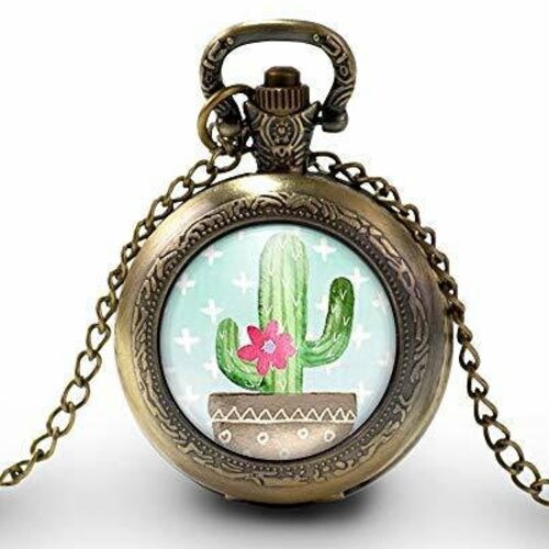 Montre à gousset, sautoir illustré -le cactus-, cadeau de noël femme - anniversaire femme - saint valentin - bronze (ref.63)