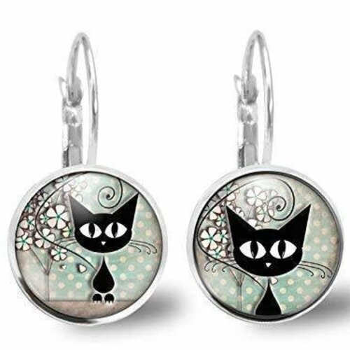 Boucles d'oreilles chat cabochon -le chat et les points- cadeau de noël femme - anniversaire femme -saint valentin-argent antique(ref.50a)