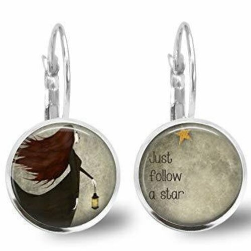 Boucles d'oreilles cabochon, boucles d'oreilles illustrées -nuit noire-, cadeau de noël femme - saint valentin - argent antique (ref.55a)