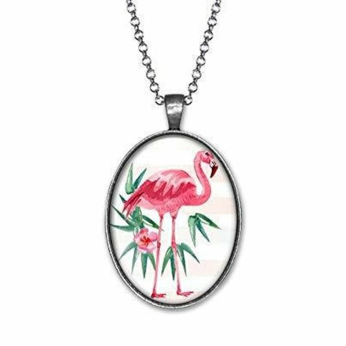Collier cabochon -le flamingo- femme cadeau de noël - anniversaire femme - saint valentin - argent antique (ref.6a)