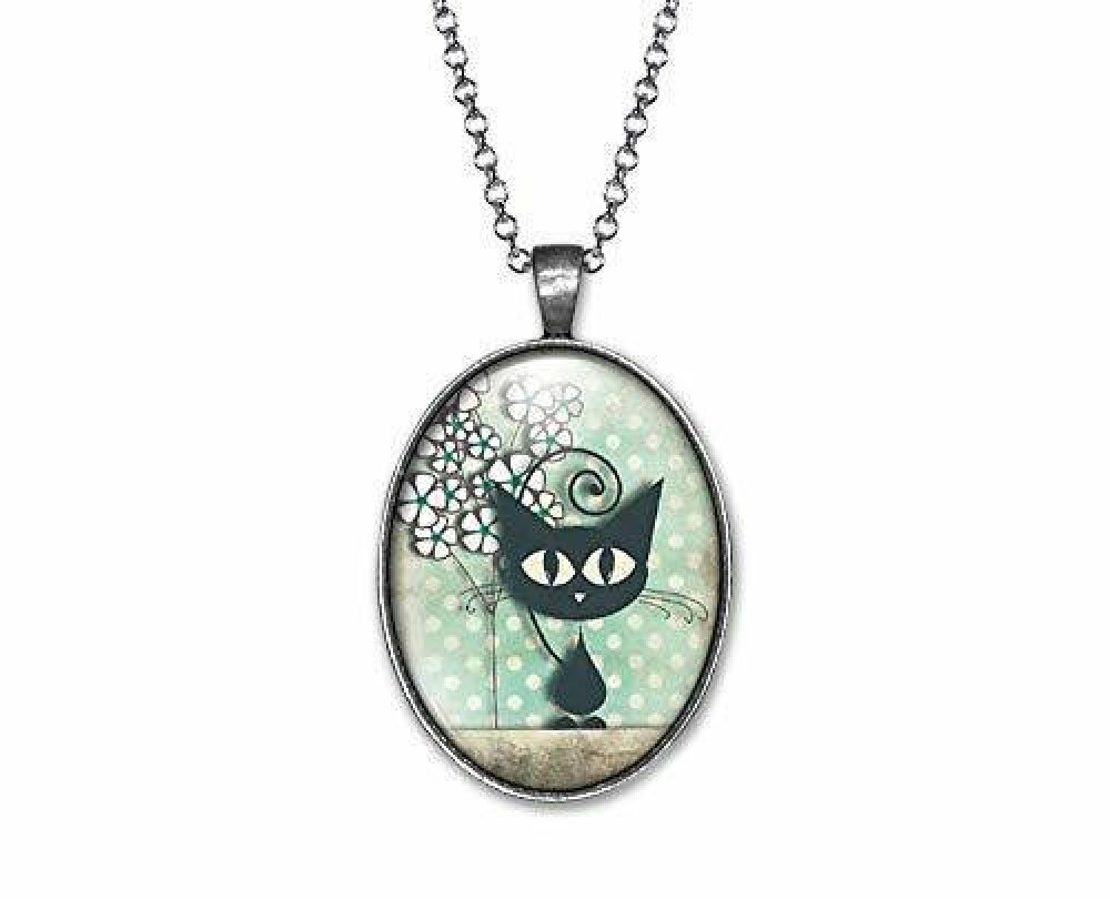 Collier Chat Cabochon Le Chat Et Les Points Cadeau De Noel Femme Anniversaire Femme Saint Valentin Argent Antique Ref 50a Un Grand Marche