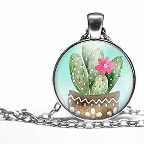 Collier cabochon, collier illustré -le cactus-, cadeau de noël femme - anniversaire femme - saint valentin - argent antique (ref.63a)