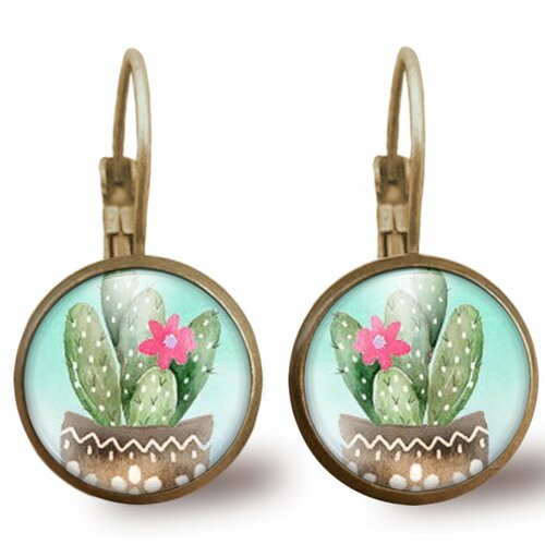 Boucles d'oreilles cabochon -le cactus-, cadeau de noël femme - anniversaire femme - saint valentin - bronze (ref.63)
