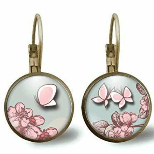 Boucles d'oreilles cabochon -papillon rose- cadeau de noël femme - saint valentin - cadeau d'anniversaire (ref.44)