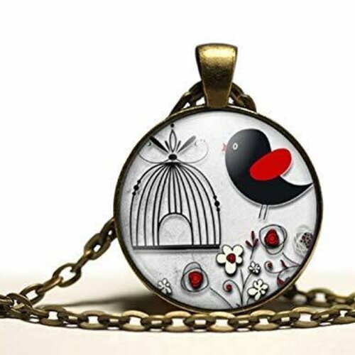 Collier cabochon, collier illustré -l'oiseau rouge et noir-, cadeau de noël femme - anniversaire femme - saint valentin - bronze (ref.