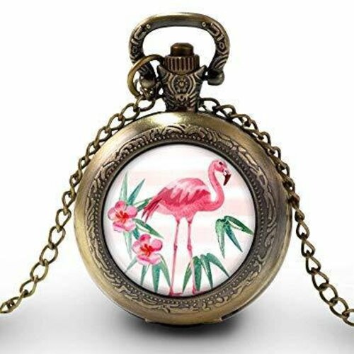 Montre à gousset, sautoir illustré -le flamingo- cadeau de noël femme - anniversaire de femme - saint valentin - bronze (ref.6)