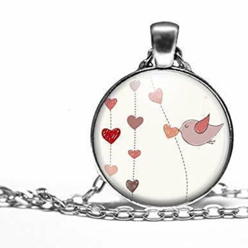 Collier cabochon, collier oiseau illustré, -l'oiseau-, cadeau de noël femme - anniversaire femme - saint valentin - argent antique (ref.