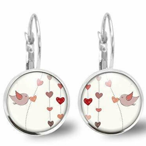 Boucles d'oreilles cabochon, boucles d'oreilles illustrées d'oiseau, « l'oiseau », cadeau de noel de femme - anniversaire de femme - jour de valentine - argent antique (réf.