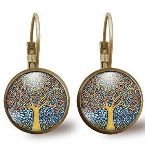 Boucles d'oreilles bronze, cabochon en verre, parure klimt « l’arbre de vie », arbre, tableau, bleu, jaune (ref.59)
