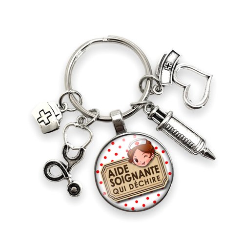 Porte-clés cadeau aide-soignante "je suis une aide-soignante qui déchire" - cadeau humoristique avec breloques