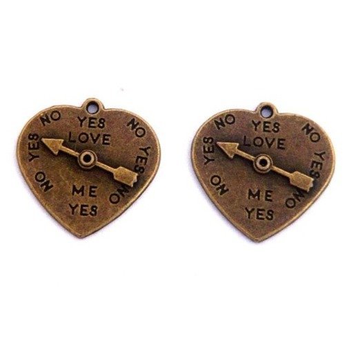 Lot 2 pendentif coeur écriture vintage horloge montre flêche yes no love me 22mm