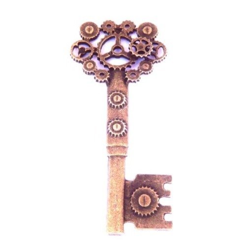 Pendentif grande breloque clé clef steampunk avec engrenages  bronze 70mm