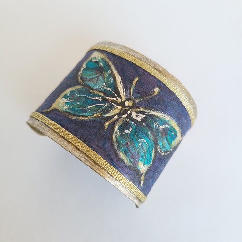Bracelet manchette en soie peint main motif papillon, bracelet bleu, cadeau femme