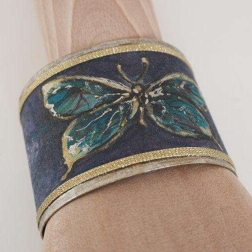 Bracelet manchette en soie peint main motif papillon, bracelet bleu, cadeau femme