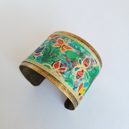 Bracelet manchette fleuri en soie peint main, bracelet bohème fantaisie, papillon bleu, cadeau femme