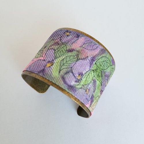Bracelet manchette en soie peint main fleuri