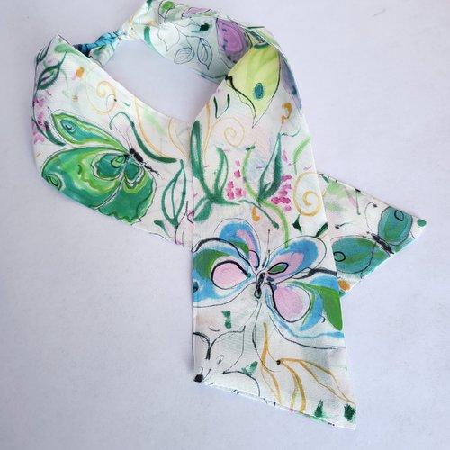 Bracelet ruban de soie peint main motif papillons et fleurs