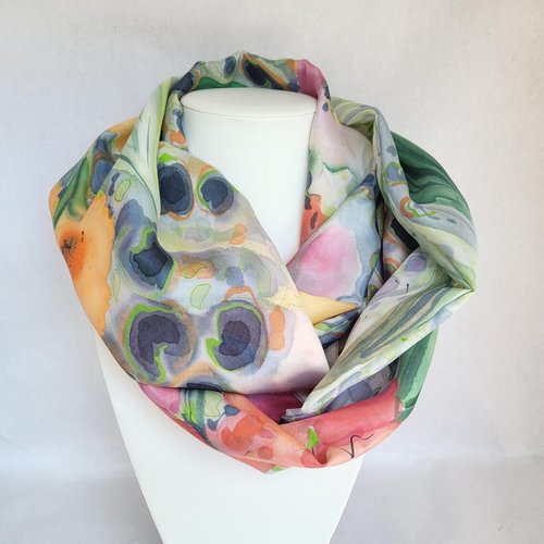 Snood en soie fleuri peint à la main : glaïeuls, 143 x 22 cm, multicolore, blanc, motif peau de bête