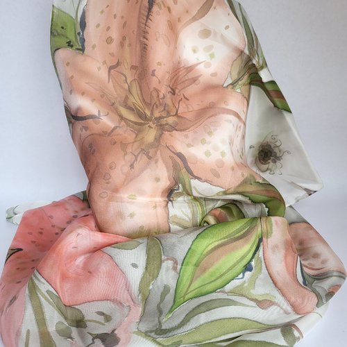 Echarpe en soie peinte à la main fleurs de lys, 180 x 45 cm