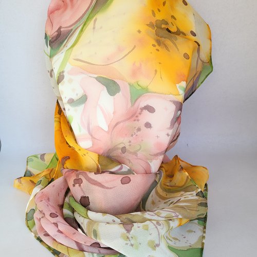 Etole en étamine de soie peinte à la main fleurie