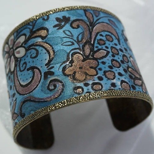 Vendu - bracelet manchette soie peint main bleu, bijou bohème pour femme