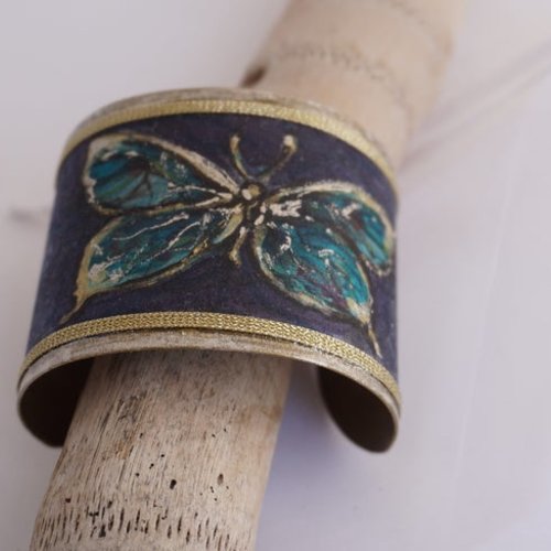 Bracelet manchette en soie peint main motif papillon, bracelet fantaisie bleu