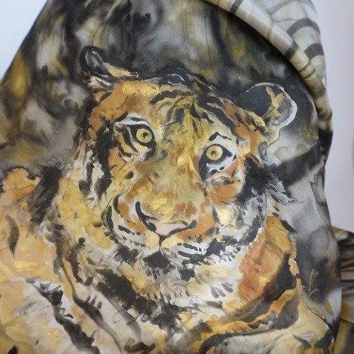Vendu - foulard en soie peint main tigre, foulard soie femme, tigre du bengale