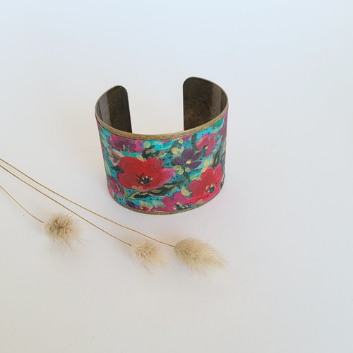 Bracelet manchette en soie fleuri, bracelet bohème femme, cadeau femme, cadeau pour elle