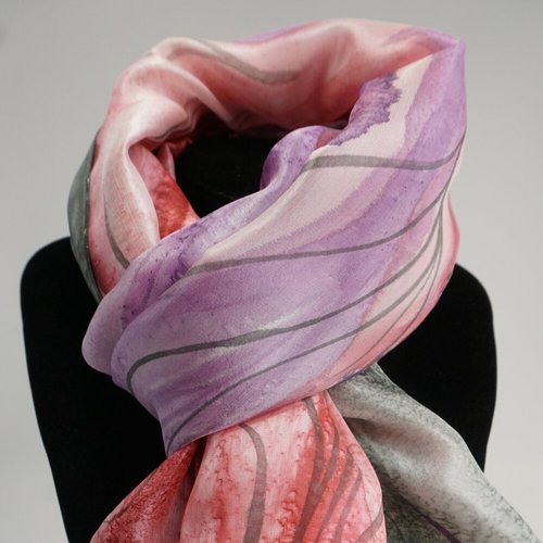 Vendu - écharpe soie peinte, soie peint main, écharpe femme violet et rouge, songe d'hiver