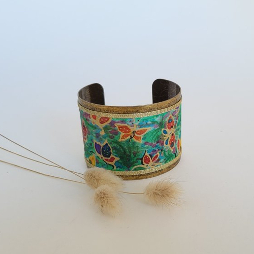 Bracelet manchette fleuri en soie peint main, bracelet bohème fantaisie, papillon bleu, cadeau femme