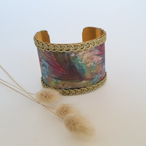 Bracelet manchette en soie peint main, bijou bohème fantaisie, cadeau pour elle